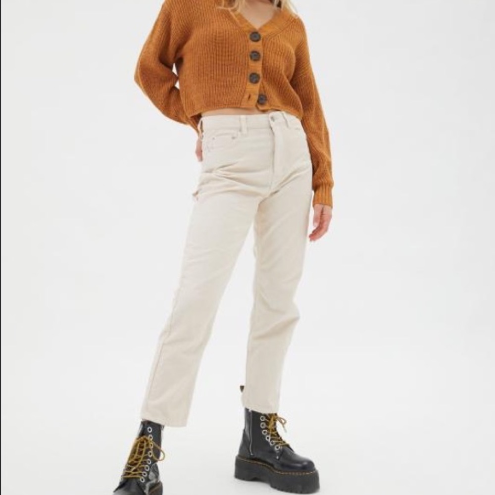 Urban Outfitters BDG Cream Beige Corduroy High Waisted Slim Straight Cargo Pants